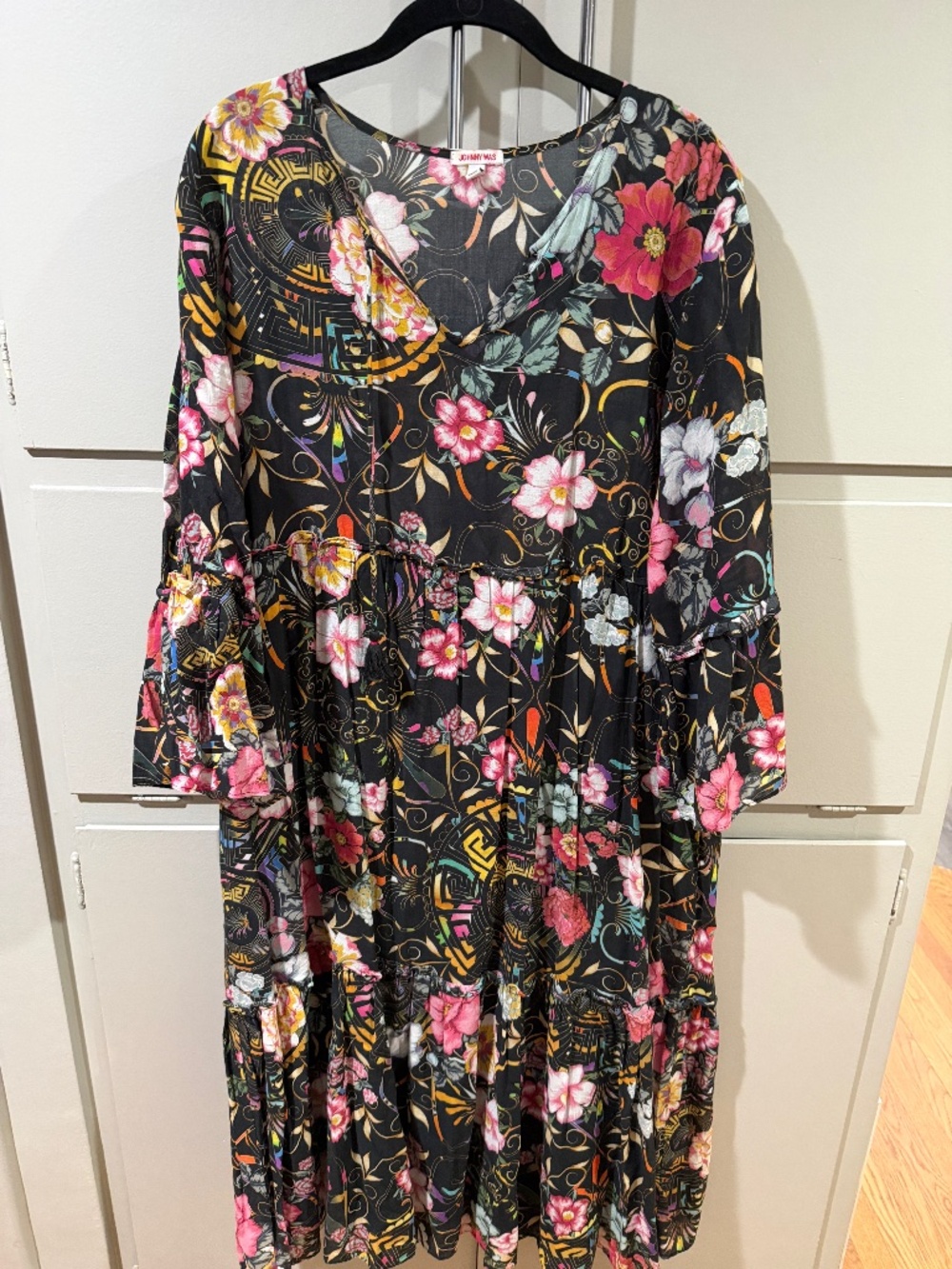 Johnny Was Black Floral Maxi Dress with Pink and Yellow Accents